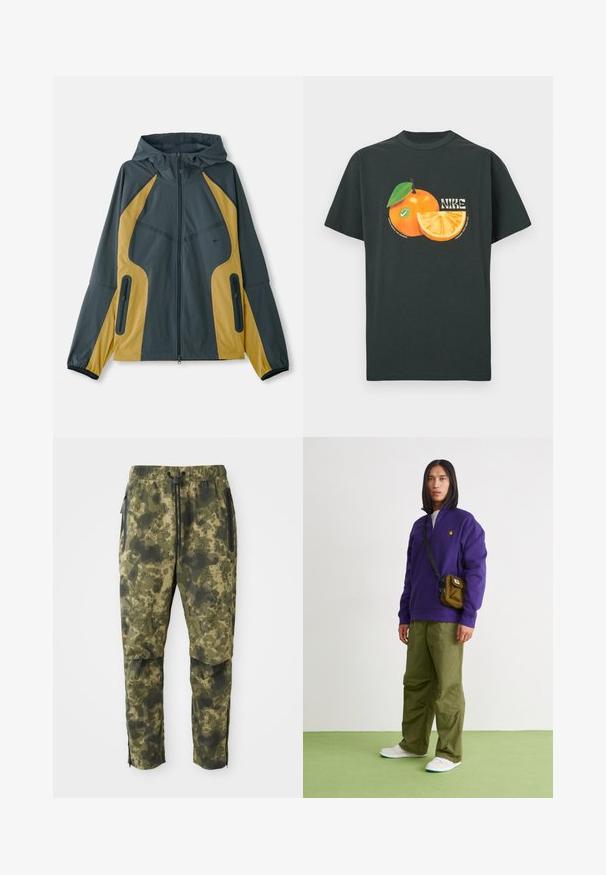 Grau und gelbe Kapuzenjacke mit Reißverschluss vorne, ausgestattet mit kontrastierenden Einsätzen, Reißverschlusstaschen und elastischen Bündchen. Glatte Textur.; Schwarzes T-Shirt mit Grafik einer ganzen Orange mit Blatt, einer Orangenscheibe und darüber einem stilisierten "NIKE"-Text.; Tarnhosen in verschiedenen Grüntönen mit einem digitalen Muster. Sie verfügen über einen elastischen Bund, einen Kordelzug und seitliche, mit Reißverschluss ausgestattete Taschen.; Jordan AIR JORDAN 1 ZM CMFT 2 - Sneaker high - summit white/bicoastal/oxidized green