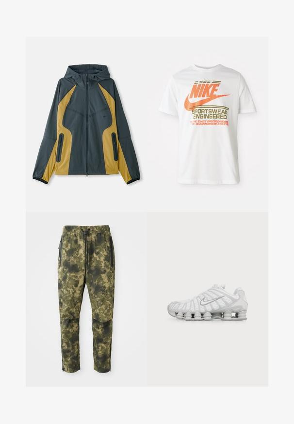 Chaqueta con capucha en gris y amarillo, con cierre de cremallera en la parte delantera, que presenta paneles en contraste, bolsillos con cremallera y puños elásticos. Textura suave.; Camiseta de algodón blanca con un gran logo naranja de "NIKE" y texto verde que dice "SPORTSWEAR ENGINEERED" junto con especificaciones adicionales.; Pantalones de camuflaje en diferentes tonalidades de verde con un patrón digital. Cuentan con una cintura elástica, cordón y bolsillos laterales con cremallera.; Zapatilla blanca Nike con diseño ondulado distintivo y amortiguación tipo resorte en la suela, vista de lado sobre un fondo liso.