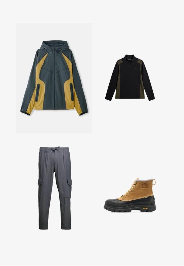 Grau und gelbe Kapuzenjacke mit Reißverschluss vorne, ausgestattet mit kontrastierenden Einsätzen, Reißverschlusstaschen und elastischen Bündchen. Glatte Textur.; Langärmliger Pullover in Schwarz und Olivgrün mit einem kurzen Frontreißverschluss und kleinem Logo auf der Brust.; Dunkelgraue Cargohosen mit seitlichen Klappentaschen, Gürtelschlaufen und einem vorderen Kordelzugverschluss.; Braun-schwarzer isolierter Winterstiefel mit Schnürung, Gummisohle und Vibram-Profil, mit Sorel- und Gore-Tex-Logos.