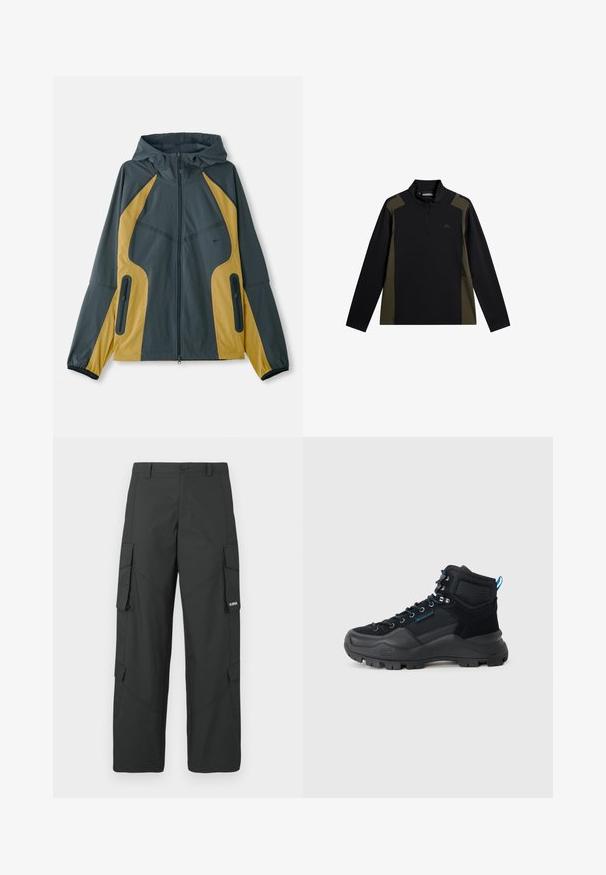 Grijze en gele gewatteerde jas met capuchon en een ritssluiting aan de voorkant, met contrasterende panelen, ritszakken en elastische manchetten. Gladde textuur.; Zwart en olijfgroen sweatshirt met lange mouwen, een korte ritssluiting aan de voorkant en een klein logo op de borst.; Zwarte cargo broek met rechte pijpen, zijflapzakken, knoopsluiting, riemlussen en een klein wit logo op de flap van de rechterzak.; Zwarte wandelschoenen van een combinatie van gestructureerd synthetisch materiaal en mesh, met blauwe accenten, metalen oogjes en een robuuste zool.