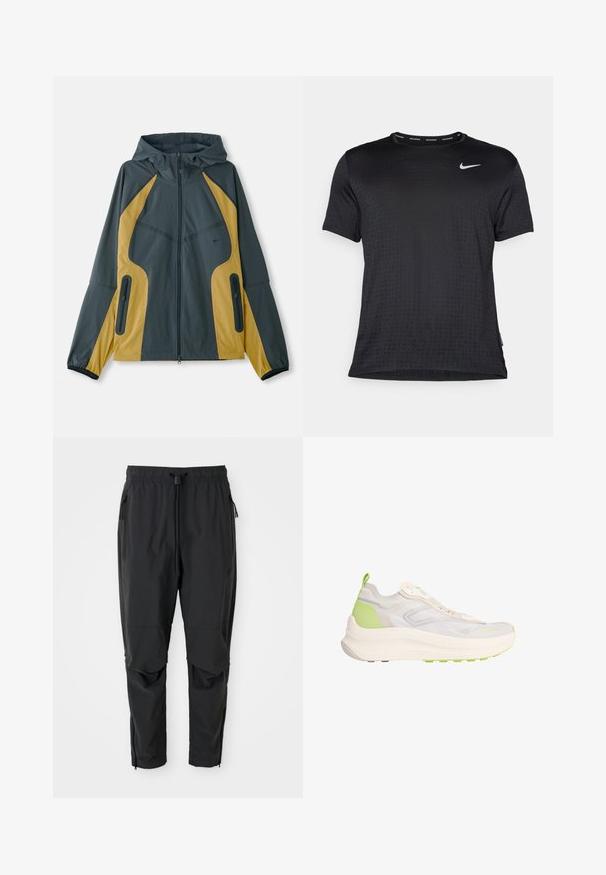 Grijze en gele gewatteerde jas met capuchon en een ritssluiting aan de voorkant, met contrasterende panelen, ritszakken en elastische manchetten. Gladde textuur.; Zwart atletisch shirt met korte mouwen, voorzien van een ronde hals, ademende stof, een subtiel verhoogd stippenpatroon en een klein wit Nike-logo op de borst.; Zwarte lichte broek met elastische tailleband, koord, ritszakken aan de zijkant, gebogen knieën en ritssluitingen bij de enkels.; Licht beige en groene sportschoen met dikke zool, mesh bovenwerk, trekkoordje bij de hiel en subtiele branding op het teenstuk.
