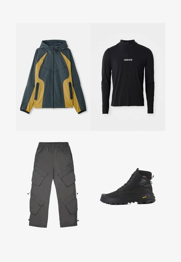 Chaqueta con capucha en gris y amarillo, con cierre de cremallera en la parte delantera, que presenta paneles en contraste, bolsillos con cremallera y puños elásticos. Textura suave.; Top negro de manga larga con cuello alto, que presenta una cremallera de cuarto y el logo blanco "CALVIN KLEIN" en la parte frontal. Tejido suave y elástico.; Pantalones cargo en tela gris oscuro con cintura elástica, múltiples bolsillos cargo, bajos con cordón y una textura suave.; Botas altas negras con superficie texturizada, que cuentan con un diseño impermeable, sistema de cordones y una suela de goma prominente con la marca Vibram.