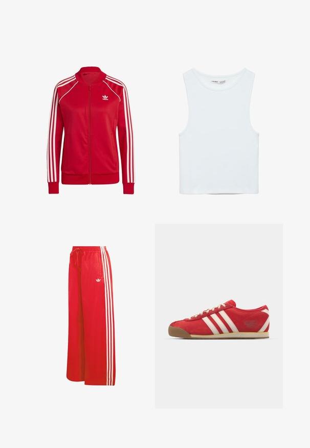 Røde lynlåsjakker lavet af glat stof, med hvide tre-stribede accenter på ærmerne og et lille hvidt logo på brystet.; Hvid ærmeløs crop top med rund halsudskæring, lavet af glat stof, mærket Pull&Bear, egnet til afslappet brug.; Røde træningsbukser lavet af let materiale, med bred benudformning, elastisk talje, snøre og tre hvide striber på hver side.; Røde nubuck sportsko med tre hvide striber. Gummisål, lavtop design, rund tå og snørebånd. Tekst "adidas Italia" på siden.