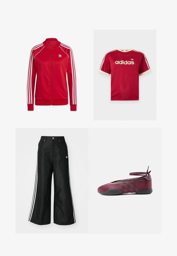Chaquetas rojas con cremallera, hechas de una tela suave, con acentos blancos de tres franjas en las mangas y un pequeño logo blanco en el pecho.; Camiseta de malla roja Adidas con ribetes beige en el cuello, las mangas y las tres rayas en los hombros, con el logo de Adidas y texto en el frente.; Pantalones de denim anchos y negros con tres franjas blancas en cada lado y un pequeño logo blanco. Cuenta con bolsillos frontales y un cierre de botón.; Bailarina burdeos con suela negra, tiras elásticas en el tobillo atadas en moño y detalles cosidos en los laterales, vista desde el lado exterior.