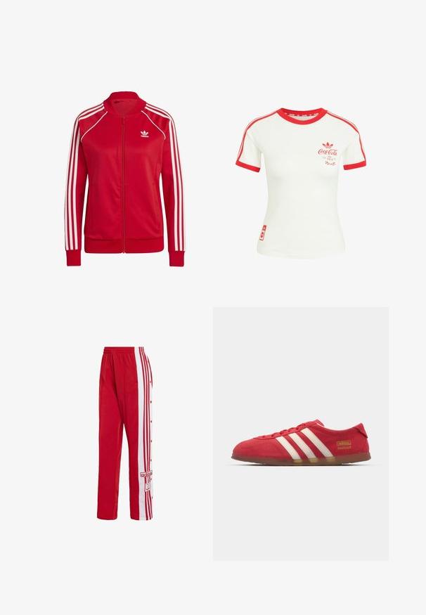 Chaquetas rojas con cremallera, hechas de una tela suave, con acentos blancos de tres franjas en las mangas y un pequeño logo blanco en el pecho.; Camiseta blanca de manga corta con cuello rojo, ribete en las mangas, rayas y logo de Coca-Cola en el pecho y la parte inferior.; Pantalones deportivos rojos hechos de una tela suave, con franjas laterales blancas con botones a presión y un logotipo bordado en el frente.; Zapatilla de ante roja con diseño de tres rayas blancas, suela plana y detalle de logo dorado. Diseño bajo con punta redonda y cierre con cordones.