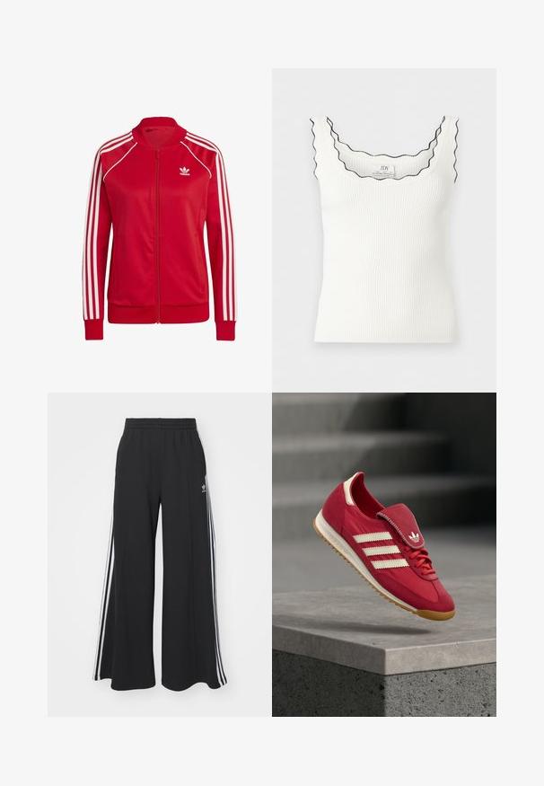 Rode ritsjackets van gladde stof, met witte driekleurige accenten op de mouwen en een klein wit logo op de borst.; Witte ribgebreide mouwloze tanktop met geschulpte randen, afgezet met zwart rond de halslijn en schouderbandjes.; Zwarte broek met wijde pijpen en een elastische tailleband, met drie witte strepen langs de buitenkant en een klein logo aan de voorkant.; Rode sportschoen met bovenwerk van suède en textiel, witte drie-strepen design, gevoerde tong en zool van natuurrubber. Zwevend boven een betonnen oppervlak.