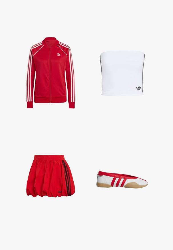 Chaquetas rojas con cremallera, hechas de una tela suave, con acentos blancos de tres franjas en las mangas y un pequeño logo blanco en el pecho.; Top bandeau blanco hecho de tejido elástico. Presenta rayas laterales negras y un pequeño logotipo negro en el dobladillo. Textura suave.; Falda de algodón roja con forma voluminosa, cintura fruncida y franjas laterales negras. Detalle pequeño de logo cerca del dobladillo. Textura suave.; Zapato plano rojo y blanco con puntera redonda, hecho de material sintético liso. Presenta tres rayas rojas y una suela de goma color cuero claro.