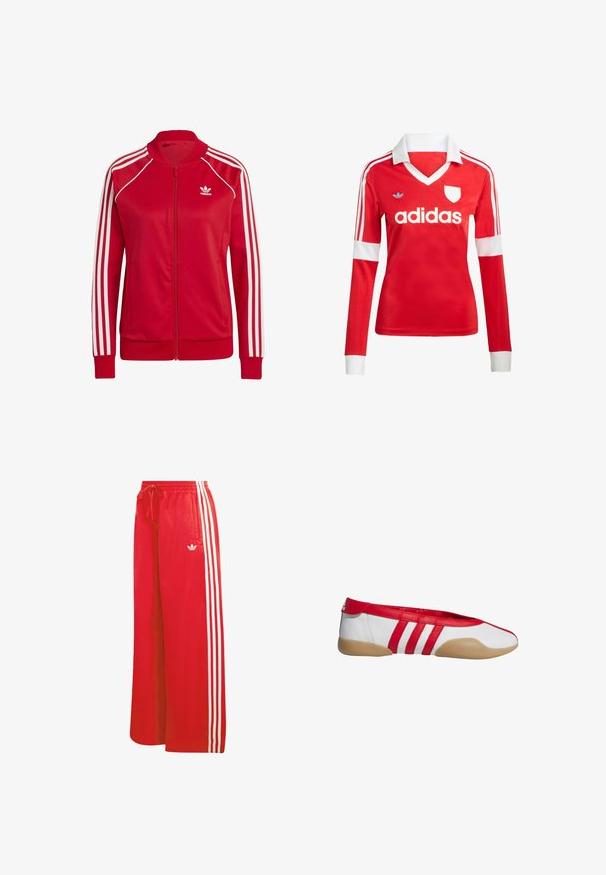 Rode ritsjackets van gladde stof, met witte driekleurige accenten op de mouwen en een klein wit logo op de borst.; Rode lange mouwen voetbalshirt met een witte kraag en manchetten. Heeft drie witte strepen op de schouders en het "adidas" logo prominent weergegeven.; Rode atletische broek gemaakt van lichtgewicht materiaal, met een wijduitlopende pijp, elastische tailleband, trekkoord en drie witte strepen aan elke kant.; Rode en witte platte schoen met een afgeronde neus, gemaakt van glad synthetisch materiaal. Heeft drie rode strepen en een beige rubberen zool.