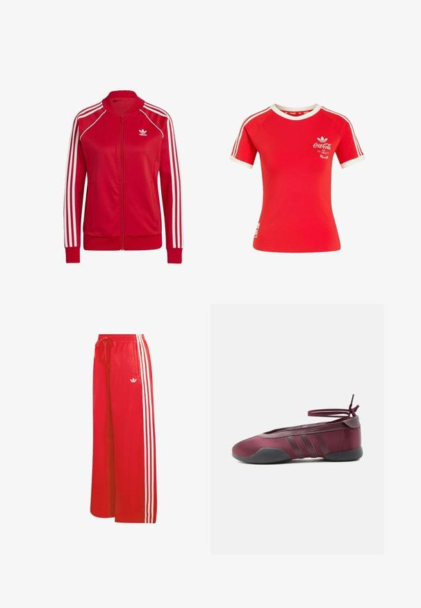 Røde lynlåsjakker lavet af glat stof, med hvide tre-stribede accenter på ærmerne og et lille hvidt logo på brystet.; Rød Adidas T-shirt med korte ærmer, hvide striber på ærmerne, hvid krave og Coca-Cola-logo med teksten "Ice Cold" på brystet.; Røde træningsbukser lavet af let materiale, med bred benudformning, elastisk talje, snøre og tre hvide striber på hver side.; Burgunderfarvet balletsko med sort sål, elastiske ankelstropper bundet i sløjfe og syninger på siderne, vist fra ydersiden.