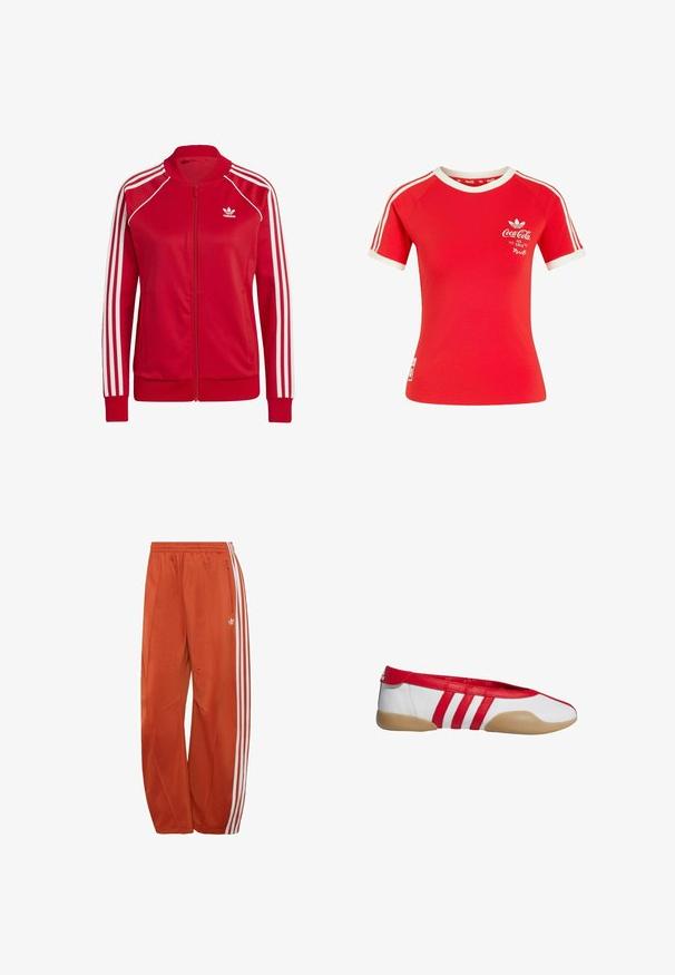 Røde lynlåsjakker lavet af glat stof, med hvide tre-stribede accenter på ærmerne og et lille hvidt logo på brystet.; Rød Adidas T-shirt med korte ærmer, hvide striber på ærmerne, hvid krave og Coca-Cola-logo med teksten "Ice Cold" på brystet.; Orange Adidas træningsbukser med hvide tre striber på siderne og en lynlåslomme på højre lår.; Rød og hvid flad sko med rund tå, lavet af glat syntetisk materiale. Har tre røde striber og en tanfarvet gummisål.