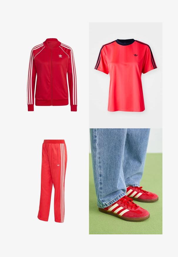 Chaquetas rojas con cremallera, hechas de una tela suave, con acentos blancos de tres franjas en las mangas y un pequeño logo blanco en el pecho.; Camiseta deportiva roja de manga corta, con rayas verticales, cuello redondo color marino y un pequeño logo negro en la parte frontal.; Pantalones deportivos rojos de tela suave, con una cintura ajustada, bolsillo con cremallera y tres rayas blancas laterales con un pequeño logo.; Zapatillas de ante rojas con tres rayas blancas, punta redonda y suela texturizada, combinadas con jeans de mezclilla azul claro sobre un fondo verde.