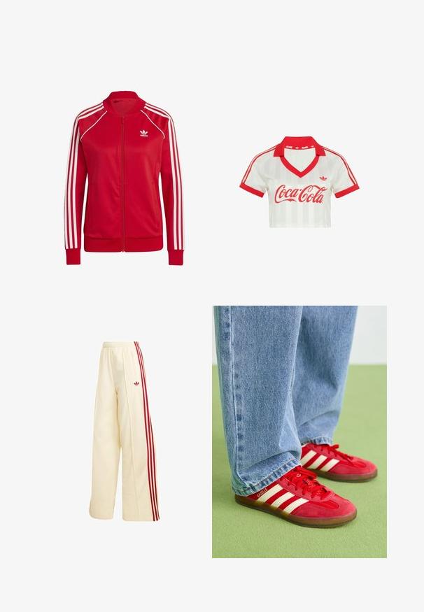 Røde lynlåsjakker lavet af glat stof, med hvide tre-stribede accenter på ærmerne og et lille hvidt logo på brystet.; Hvid cropped top med rød krave og manchetter, røde Adidas-striber på ærmerne og rød Coca-Cola-logo på brystet.; Kremfarvede vidde træningsbukser med røde sidelommer, elastisk talje, lynlåslomme og rødt Adidas-logo på låret.; Røde ruskinds sneakers med tre hvide striber, rund tå og tekstureret sål, parret med lyseblå denim jeans på en grøn baggrund.
