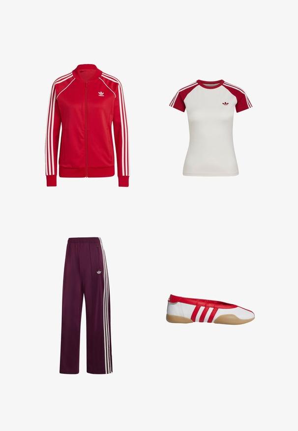 Rode ritsjackets van gladde stof, met witte driekleurige accenten op de mouwen en een klein wit logo op de borst.; Wit aangesloten sportshirt met korte mouwen, rode raglanmouwen, rode kraag, drie witte strepen op de mouwen en klein logo op de linkerborst.; Donkerrode Adidas trainingsbroek met elastische tailleband, drie witte zijstrepen, ritssluitingzak en geborduurd logo op de linker dij.; Rode en witte platte schoen met een afgeronde neus, gemaakt van glad synthetisch materiaal. Heeft drie rode strepen en een beige rubberen zool.