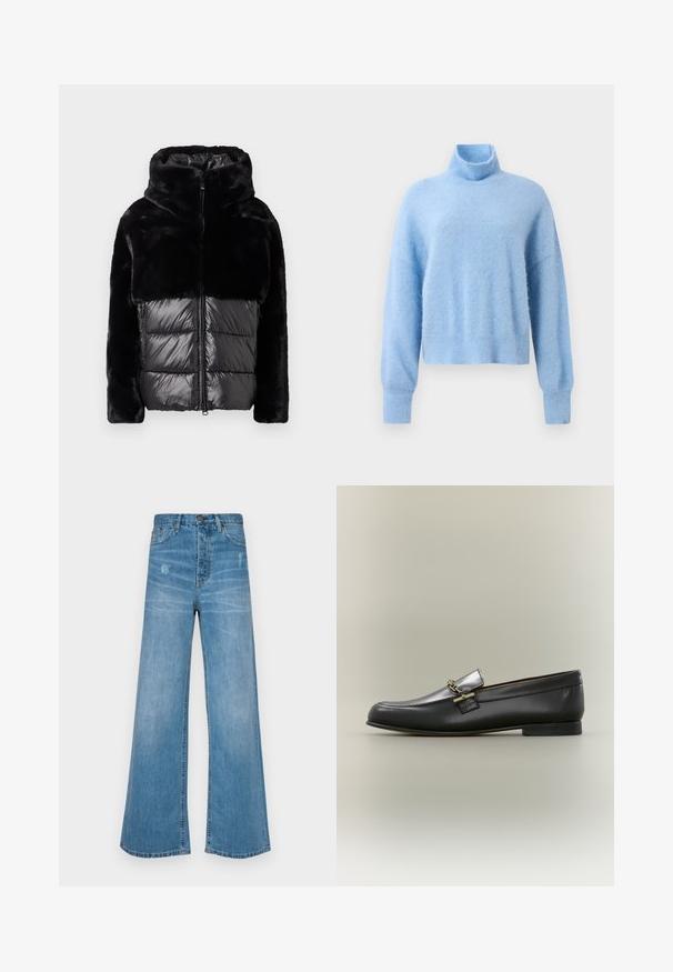 Veste doudoune noire avec un haut en fausse fourrure et une section inférieure matelassée brillante. Conçue avec un col haut et une fermeture éclair à l'avant.; Pull col roulé court bleu clair en tissu doux et texturé, avec des manches longues et des poignets côtelés pour une touche de détail.; LOIS Jeans SKATER LOOSE - Jean boyfriend - stone; Mocassin en cuir noir avec dessus argenté, détail de chaîne dorée, petit talon et bout arrondi sur fond neutre.