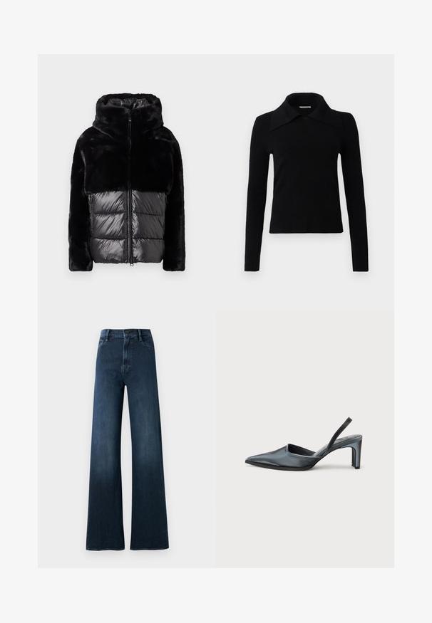 Veste doudoune noire avec un haut en fausse fourrure et une section inférieure matelassée brillante. Conçue avec un col haut et une fermeture éclair à l'avant.; Top noir à manches longues en tissu doux, avec un grand col pointu et une coupe ajustée. Texture lisse avec peu de détails.; Jeans larges de couleur bleu foncé en denim. Dotés d'une taille haute, de poches avant, d'une fermeture à bouton et d'un détail de couture minimal.; Escarpin noir à bride arrière avec un bout pointu, une finition satinée élégante et un talon fin de 7,5 cm. Design latéral ouvert avec des détails de couture minimalistes.