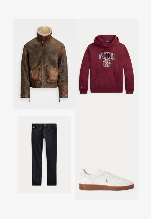 Brun distressed læderjakke med shearlingkrave, frontlynlås, spænder, to forlommer og lynlåse ved manchetterne.; Maroon Polo Ralph Lauren hættetrøje med frontlomme, snore, stor "POLO" tekst og skjoldlogo på brystet, lille logo på ærmet.; Mørkeblå slim-fit jeans med fem lommer, knaplukning og kontrastsyning lagt fladt på en lys baggrund.; Hvid lavt sneaker med brun sål, snørebånd foran og lille guld Polo Ralph Lauren-logo på siden.