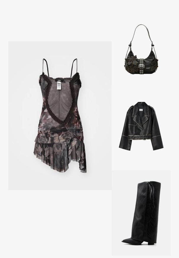 Korte zwarte leren jasje met brede mouwen, contrasterende witte stiksels, geknopt kraag, twee knopen en een bijpassende riem.; Asymmetrische jurk in donkere tinten met bloemenprint. Heeft ruffles aan de randen, dunne bandjes en geplooide stofdetails.; Zwarte leren kniehoge laars met spits toelopende neus en decoratieve franjes langs de buitenkant tegen een effen witte achtergrond.; Zwarte leren handtas met driedimensionale bloemversieringen, een zilveren gesp en decoratieve metalen oogjes. Verstelbare riem.