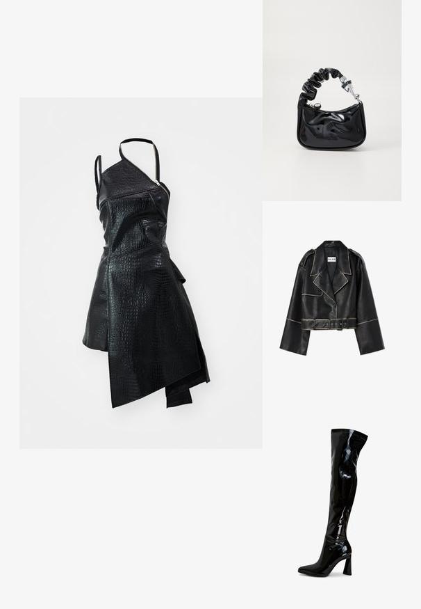Korte zwarte leren jasje met brede mouwen, contrasterende witte stiksels, geknopt kraag, twee knopen en een bijpassende riem.; Zwart neplederen jurk met een asymmetrisch ontwerp, textuur met krokodillenpatroon en een zijrits. Inclusief enkele schouderband.; Zwarte laarzen van lakleer die tot over de knie reiken, met een puntige neus, een blokhak en een glad, glanzend oppervlak. Zonder zichtbare hardware.; Zwarte, glanzende handtas van patenten materiaal met een gerimpelde handgreep, zilverkleurige hardware, ronde vorm, ritssluiting en een gladde, glanzende textuur.