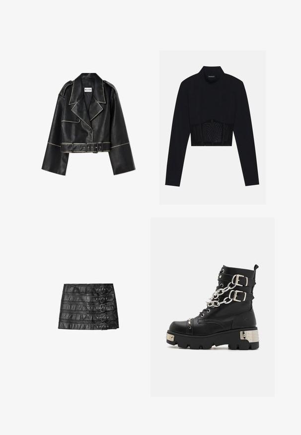 Korte zwarte leren jasje met brede mouwen, contrasterende witte stiksels, geknopt kraag, twee knopen en een bijpassende riem.; Zwarte lange mouwen crop top met een hoge hals, een doorschijnend meshpaneel op de taille en gestructureerde naden voor een aansluitend ontwerp.; Zwarte leren minirok met vijf horizontale gespbanden aan de rechterkant, plat neergelegd op een witte achtergrond.; Koi Footwear SHACKLED SHADOWS HEAVY DUTY CHAIN - Cowboy-/Bikerlaarsjes - black