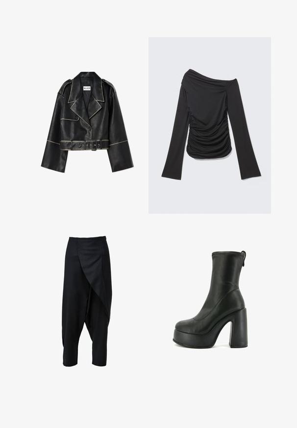 Korte zwarte leren jasje met brede mouwen, contrasterende witte stiksels, geknopt kraag, twee knopen en een bijpassende riem.; Zwarte top met lange mouwen, asymmetrische off-shoulder halslijn en geplooide details aan de zijkanten en voorkant.; Zwarte cropped broek met een gedrapeerd voorpand, gemaakt van gladde stof. Heeft een aansluitende tailleband en taps toelopende pijpen.; Zwarte leren enkelboot met een hoge plateauzool en stevige hak. Gladde textuur met stiksels en een trekhaak aan de achterkant.