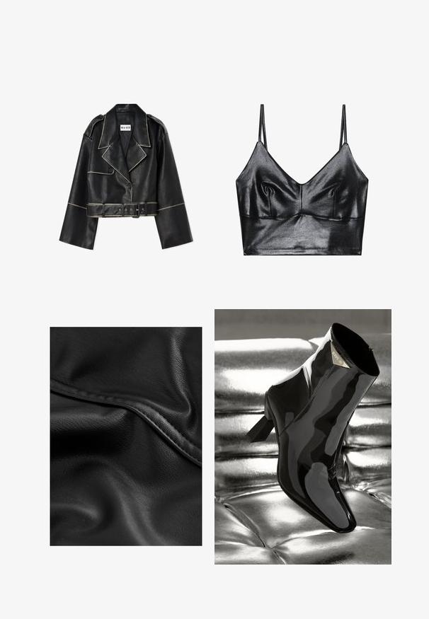 Korte zwarte leren jasje met brede mouwen, contrasterende witte stiksels, geknopt kraag, twee knopen en een bijpassende riem.; Zwarte, glanzende bralette met dunne verstelbare bandjes, met een V-halslijn, een gladde textuur en subtiele plooitjes bij de buste voor vorm.; Zwart, gestructureerd leer met plooien en een zichtbare naad, waardoor een zachte, licht glanzende oppervlakte zichtbaar is. Geen aanvullende patronen of versieringen.; Zwarte laars van gepatenteerd leer met een spitse neus en vierkante hak. Voorzien van een gouden logo plate en een gladde, glanzende afwerking.