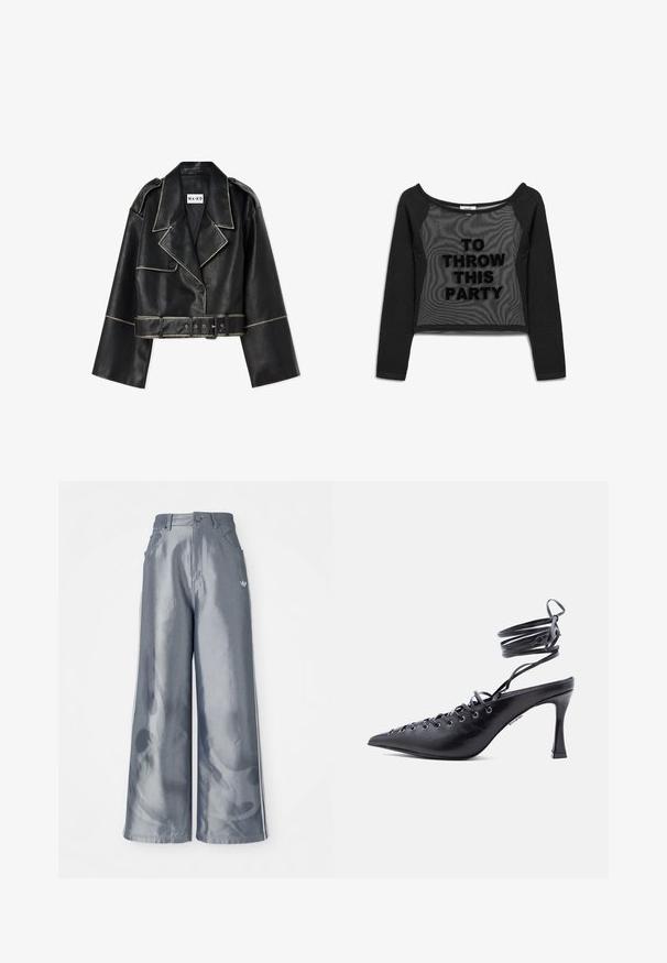 Veste en cuir noir coupée avec des manches larges, des coutures blanches contrastées, un col cranté, deux boutons et une ceinture assortie.; Haut noir court à manches longues, avec un devant en mesh transparent. Texte audacieux imprimé en velours : « TO THROW THIS PARTY. »; Pantalons à jambes larges en matériau gris brillant, présentant des bandes latérales blanches et un motif de flammes sur les jambes inférieures. Fermeture à bouton et à zip à la taille.; Chaussure à talon haut noire à bout pointu avec brides enveloppantes autour de la cheville et plusieurs œillets sur le devant pour laçage.