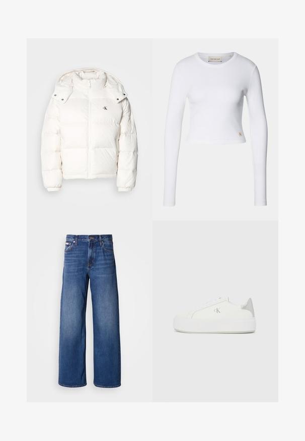 Veste en duvet blanche avec fermeture éclair, col haut et capuche ajustable. Comprend des poignets élastiques et un petit logo sur la poitrine.; Crop top blanc à manches longues en tissu côtelé. Il présente un col rond et une petite étiquette logo sur le bas à gauche.; Jeans en denim à jambes larges de couleur bleu foncé, avec une taille haute, cinq poches et un dégradé subtil sur l'avant pour plus de texture et de détails.; Baskets en toile blanches avec une semelle blanche épaisse, présentant un accent argent métallique au niveau du talon et un subtil logo sur le côté.