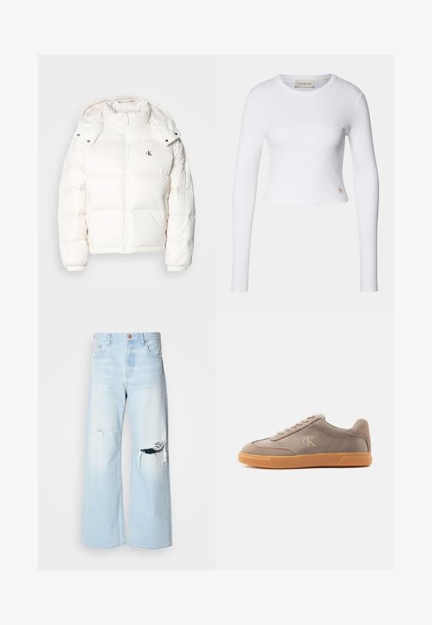 Veste en duvet blanche avec fermeture éclair, col haut et capuche ajustable. Comprend des poignets élastiques et un petit logo sur la poitrine.; Crop top blanc à manches longues en tissu côtelé. Il présente un col rond et une petite étiquette logo sur le bas à gauche.; Jean large bleu clair en denim, avec une taille haute, de grandes déchirures au niveau des genoux, et un design classique à cinq poches avec des accessoires en cuivre.; Baskets basses taupe avec éléments en daim beige, semelle en caoutchouc naturel, lacets à l'avant et logo "cK" embossé sur le côté.