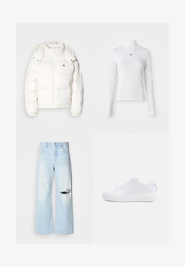 Veste en duvet blanche avec fermeture éclair, col haut et capuche ajustable. Comprend des poignets élastiques et un petit logo sur la poitrine.; Top à col roulé blanc à manches longues en matière côtelée. Présente un petit logo brodé au centre. Design ajusté sans motifs.; Jean large bleu clair en denim, avec une taille haute, de grandes déchirures au niveau des genoux, et un design classique à cinq poches avec des accessoires en cuivre.; Baskets basses blanches à lacets, semelle épaisse et dessus lisse, vues de côté extérieur sur un fond clair uni.