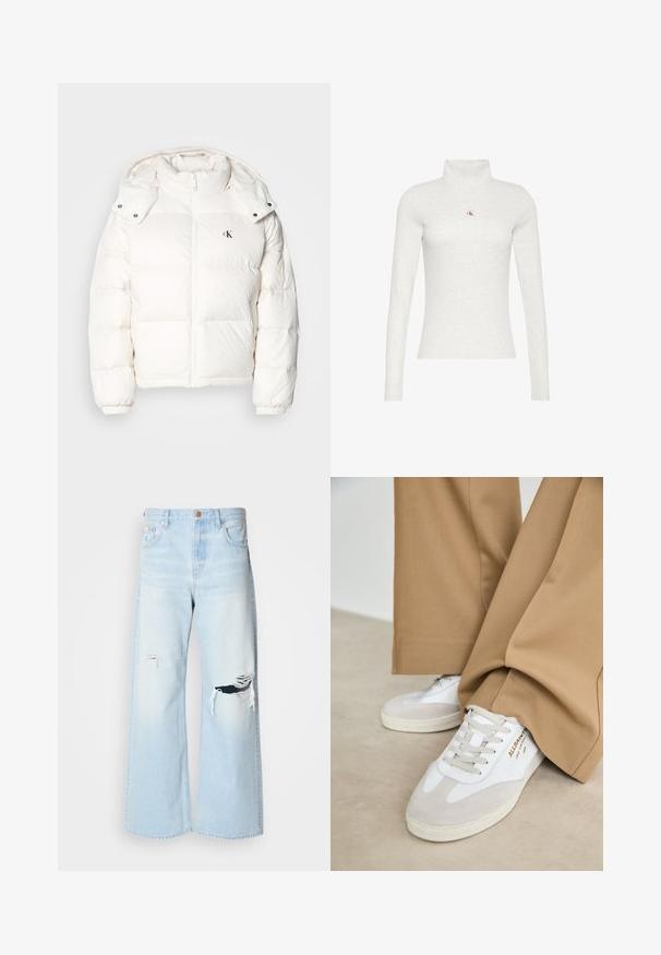 Veste en duvet blanche avec fermeture éclair, col haut et capuche ajustable. Comprend des poignets élastiques et un petit logo sur la poitrine.; Chemise à manches longues gris clair avec col roulé et petit logo "ck" rouge et noir centré sur la poitrine.; Jean large bleu clair en denim, avec une taille haute, de grandes déchirures au niveau des genoux, et un design classique à cinq poches avec des accessoires en cuivre.; Baskets blanches avec des accents en daim, des lacets texturés et une semelle en caoutchouc. Associées à un pantalon beige ample. Logo affiché sur le côté.