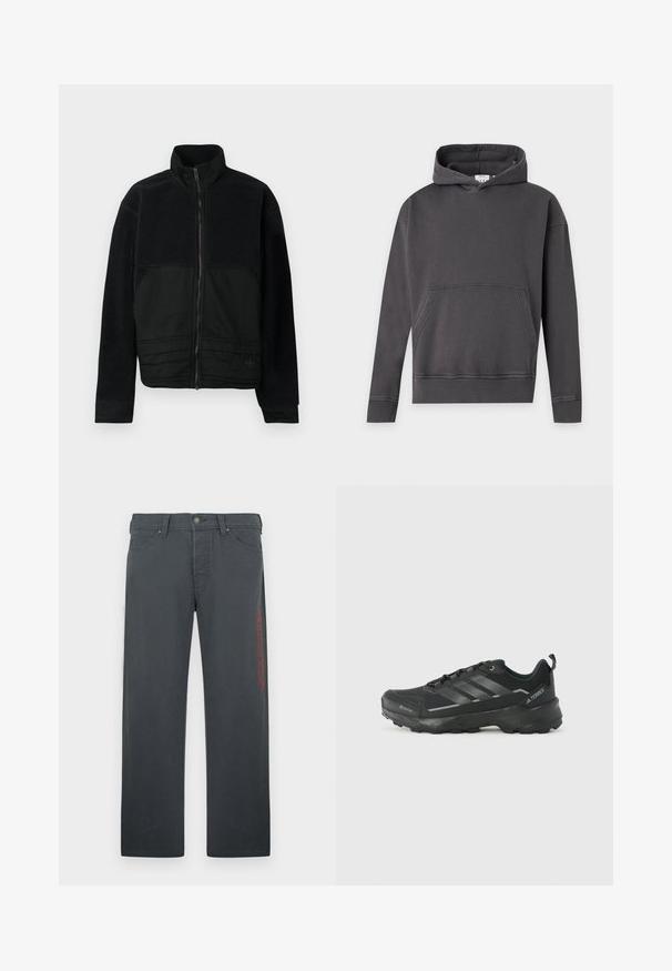 Zwarte jas met een gestructureerd ontwerp, voorzien van een bovenkant van fleece en een gladde stof aan de onderkant. Hoge kraag en vooraanlopende rits met sluiting.; Donkergrijze pullover hoodie met voorvak, lange mouwen en geribde boorden en zoom op een neutrale achtergrond.; Grijze broek gemaakt van een katoenmix, met een rechte snit, steekzakken aan de voorkant en een rood geborduurd logo aan de linkerkant.; Zwarte sportschoen met een gestepeld stoffen bovenwerk, drie zilveren strepen, versterkte neus en een robuuste rubberen zool voor tractie.