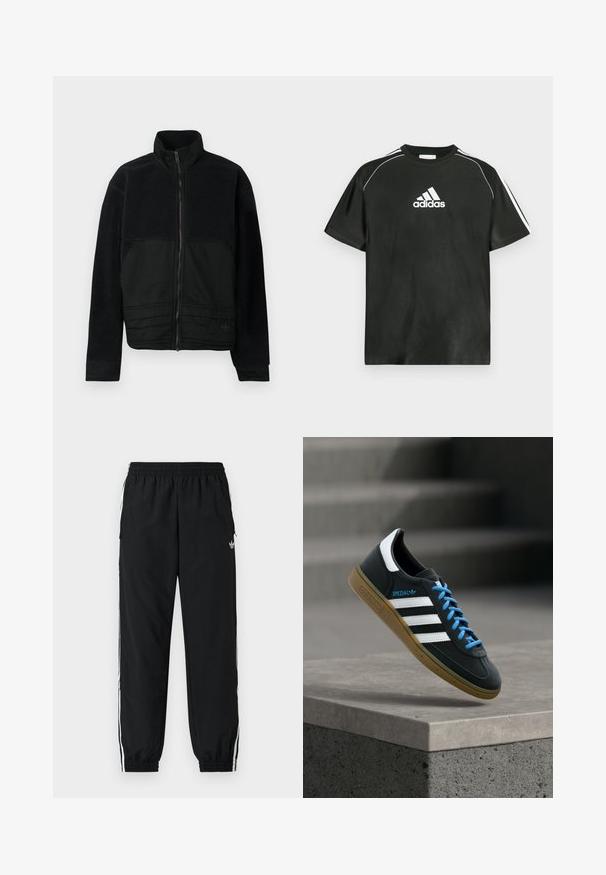 Sort jakke med et struktureret design, der har en fleece-overdel og en glat stofnederdel. Høj krave og lynlåslukning foran.; Sort T-shirt med korte ærmer, hvide Adidas-logo på brystet og hvide striber på skuldrene. Fremstillet af glat stof, afslappet pasform.; Sorte atletikbukser med elastik i taljen og samlede manchetter. Har hvide sidelister og et lille logo foran til venstre.; Sort Adidas sneaker med hvide striber, blå snørebånd og gummisål, der svæver over gråt betontrin i blødt lys.