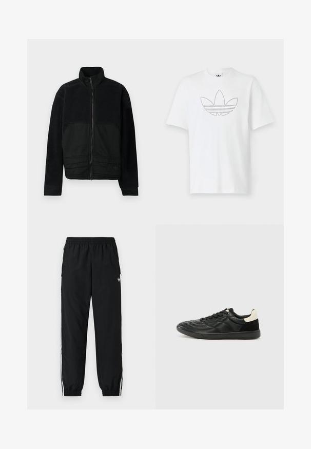 Sort jakke med et struktureret design, der har en fleece-overdel og en glat stofnederdel. Høj krave og lynlåslukning foran.; Hvid bomulds-T-shirt med en prikket sort kontur af et trefoil-logo på fronten. Korte ærmer og rund halsudskæring.; Sorte atletikbukser med elastik i taljen og samlede manchetter. Har hvide sidelister og et lille logo foran til venstre.; ALDO THEPITCH - Sneakers - black