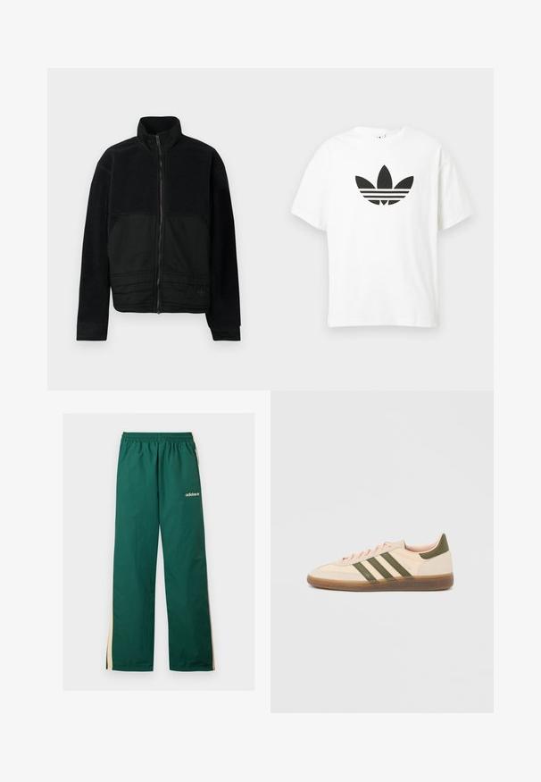 Sort jakke med et struktureret design, der har en fleece-overdel og en glat stofnederdel. Høj krave og lynlåslukning foran.; Hvid bomulds t-shirt med et stort sort Adidas trefoil-logo og tre vandrette striber nedenunder. Korte ærmer, rund halsudskæring.; Grønne Adidas træningsbukser med beige sidelister, elastik i taljen og hvid Adidas-logo på øverste venstre ben.; Beige Adidas Spezial sneaker med lav profil, grønne striber, gummisål og "SPEZIAL"-branding på siden, vist fra ydersiden.