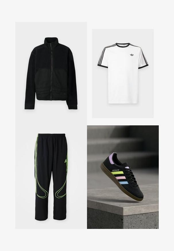 Sort jakke med et struktureret design, der har en fleece-overdel og en glat stofnederdel. Høj krave og lynlåslukning foran.; Hvid bomulds t-shirt med sort ribkant ved hals og ærmer, med tre sorte striber på hver skulder og et lille logo på brystet.; Sorte Adidas sportbukser med neongrønne buede linjer og tre striber på siderne, elastisk livrem og Adidas-logo på forsiden af låret.; Sort Adidas Spezial sneaker med pastelgule, pink og blå striber, lavendel hælstrop og brun sål, svævende over betonforkant.
