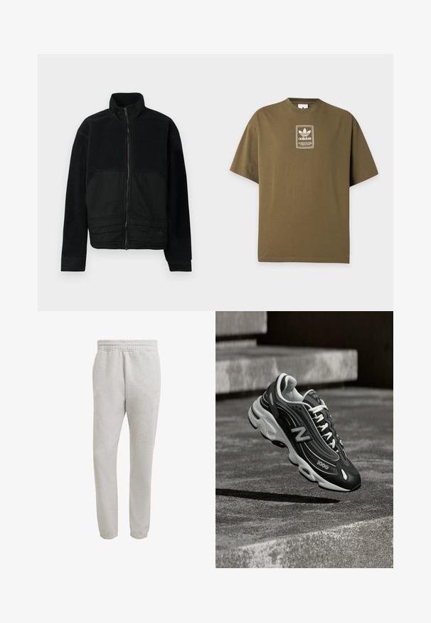 Zwarte jas met een gestructureerd ontwerp, voorzien van een bovenkant van fleece en een gladde stof aan de onderkant. Hoge kraag en vooraanlopende rits met sluiting.; Olijfgroen Adidas T-shirt met een klein wit logo en tekstpatch in het midden van de borst tegen een effen lichte achtergrond.; Lichtgrijze joggingbroek gemaakt van zachte stof, met een elastische tailleband en boorden, en een subtiele logo-detail aan de zijkant.; Zwart-witte New Balance 1000 sneaker met witte veters, zwevend boven een ruwe betonnen ondergrond met stenen treden op de achtergrond.
