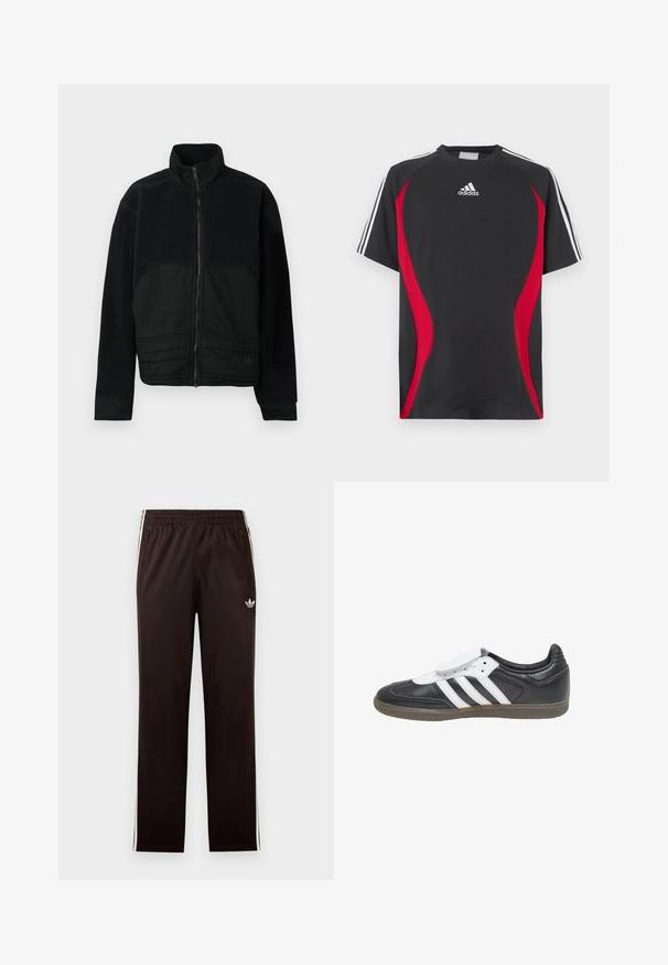 Sort jakke med et struktureret design, der har en fleece-overdel og en glat stofnederdel. Høj krave og lynlåslukning foran.; Sort kortærmet T-shirt med røde sideakcenter, hvid Adidas-logo på brystet og hvide skulderstriber. Fremstillet af et glat stof.; Sorte Adidas træningsbukser med elastisk taljebånd, hvide sidelommer, lynlåslommer og lille trefoil-logo på venstre lår.; adidas Originals SAMBA LT - Sneakers - core black footwear white gum