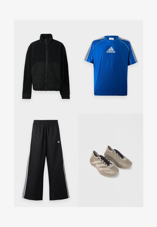 Sort jakke med et struktureret design, der har en fleece-overdel og en glat stofnederdel. Høj krave og lynlåslukning foran.; Blå Adidas sport T-shirt med hvidt logo på brystet, hvide striber på skuldrene og neongult piping på skuldersømmene.; Svarte vidde træningsbukser med elastisk talje, hvide sidelommer og lille Adidas trefoil-logo på højre hofte.; Par beige sportssko med sorte snørebånd, med et tekstureret, stribet mønster og tre side striber på en ensfarvet baggrund.