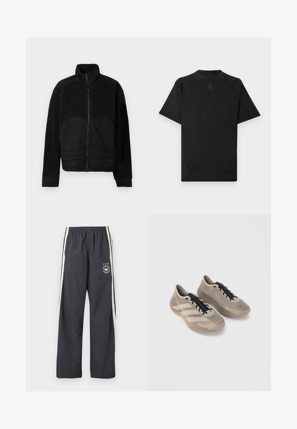 Sort jakke med et struktureret design, der har en fleece-overdel og en glat stofnederdel. Høj krave og lynlåslukning foran.; Sort atletisk T-shirt med korte ærmer, rund halsudskæring og flatlock-sømme. Har et præget logo i den øverste midte. Glat tekstur.; Mørkegrå træningsbukser med hvide sidelister, elastik i taljen og et rundt logo med tre stjerner på venstre lår. Letvægtsstof.; Par beige sportssko med sorte snørebånd, med et tekstureret, stribet mønster og tre side striber på en ensfarvet baggrund.