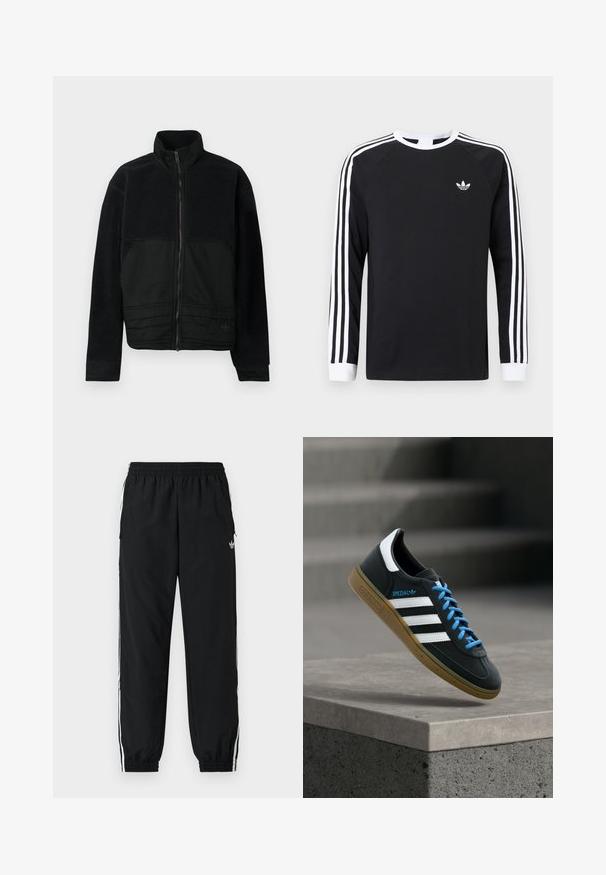 Sort jakke med et struktureret design, der har en fleece-overdel og en glat stofnederdel. Høj krave og lynlåslukning foran.; Sort langærmet T-shirt med hvidt trestribet design på ærmerne. Har rund halsudskæring og et lille hvidt logo på brystet.; Sorte atletikbukser med elastik i taljen og samlede manchetter. Har hvide sidelister og et lille logo foran til venstre.; Sort Adidas sneaker med hvide striber, blå snørebånd og gummisål, der svæver over gråt betontrin i blødt lys.