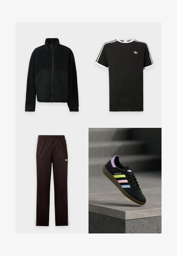 Sort jakke med et struktureret design, der har en fleece-overdel og en glat stofnederdel. Høj krave og lynlåslukning foran.; Sort t-shirt lavet af bomuld med hvide accenter. Har korte ærmer, raglan-design og et lille logo på brystet. Tre hvide striber på skuldrene.; Sorte Adidas træningsbukser med elastisk taljebånd, hvide sidelommer, lynlåslommer og lille trefoil-logo på venstre lår.; Sort Adidas Spezial sneaker med pastelgule, pink og blå striber, lavendel hælstrop og brun sål, svævende over betonforkant.