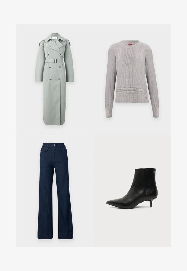 Lysegrå dobbeltradet trenchcoat med bred krave, bælte i taljen, lange ærmer og knaplukning på skulderstropperne.; Lysegrå sweater med struktureret strikket design, der har rund halsudskæring og lange ærmer. Detaljeret strikkemønster ved kanten.; Vidbenede denimjeans i mørkeblå med høj talje, knaplukning foran og to baglommer. Glat tekstur og skræddersyet pasform.; Sort læder ankelstøvle med spids tå og lav kitten hæl på lys baggrund, der viser yderside.