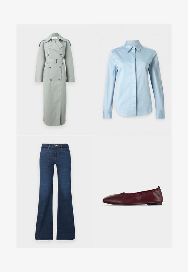 Trench-coat gris clair à double boutonnage avec grand col, ceinture à la taille, manches longues et pattes d'épaule boutonnées.; Chemise bleu clair à manches longues, col pointu et boutons cachés sur le devant sur un fond uni.; Jean en denim bleu foncé taille haute avec jambes évasées, fermeture avant par boutons et zip, et coutures orange visibles.; Ballerine plate en cuir bordeaux avec bord supérieur élastique froncé et fine semelle noire sur fond blanc.