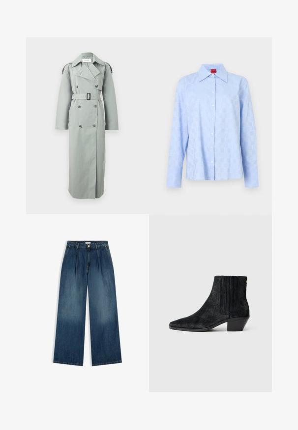 Trench-coat gris clair à double boutonnage avec grand col, ceinture à la taille, manches longues et pattes d'épaule boutonnées.; Chemise bleu clair à manches longues avec un col à boutons, un motif discret en relief et des boutons blancs sur la patte de boutonnage avant.; Jean en denim bleu taille haute, jambes larges, plis sur le devant, fermeture bouton et zip, poches latérales, posé à plat sur un fond blanc.; Bottine noire à bout pointu, en matériau texturé imitant les cheveux, avec un panneau latéral à nervures et un petit talon carré. Un design simple et moderne.