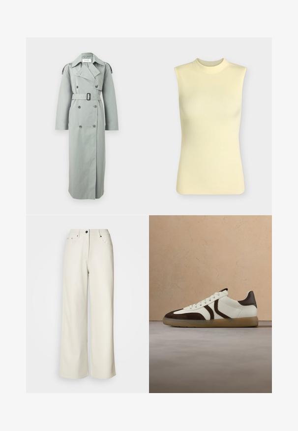 Trench-coat gris clair à double boutonnage avec grand col, ceinture à la taille, manches longues et pattes d'épaule boutonnées.; Top sans manches en maille côtelée jaune pâle avec un col rond montant, silhouette ajustée et tissu doux texturé.; Pantalons larges de couleur crème en tissu lisse. Dotés d'une taille mi-haute, d'une fermeture éclair et de deux poches avant avec des accents en matériel noir.; Baskets en cuir et daim crème avec accents marron. Présente des bandes latérales texturées, un bout rond et une semelle en caoutchouc résistante.
