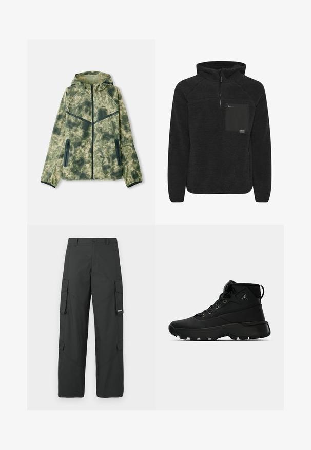Camouflagejack met een capuchon, gemaakt van een waterafstotende stof in verschillende tinten groen, gecombineerd met zwarte accenten en ritszakken.; Zwarte fleece pullover met een halve rits, voorzien van een borstzak in een gladde, matte stof. Getextureerde buitenkant met gebreide manchetten en zoom.; Zwarte cargo broek met rechte pijpen, zijflapzakken, knoopsluiting, riemlussen en een klein wit logo op de flap van de rechterzak.; Zwarte hoge sport sneakers met een gestructureerde synthetische bovenkant, voorzien van metalen oogjes, zwarte veters en een rubberen zool met patroon voor grip.