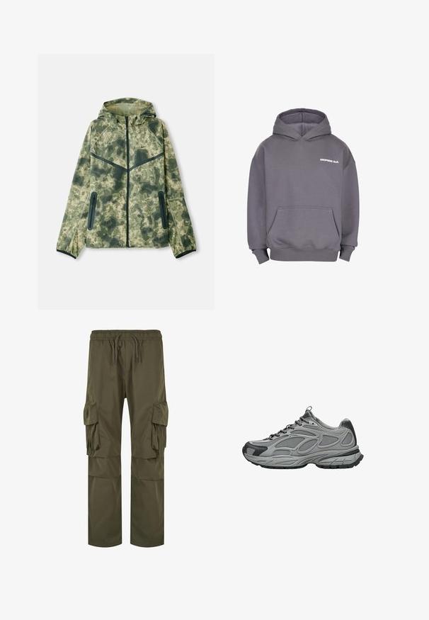 Camouflagejack met een capuchon, gemaakt van een waterafstotende stof in verschillende tinten groen, gecombineerd met zwarte accenten en ritszakken.; Grijze hoodie met een voorste zak en witte tekst "DROPSIZE CLO." op de linkerborst.; Olijfgroene cargobroek met een elastische tailleband met koord, meerdere zijzakken en een losse pasvorm met geplooide details.; Grijze en zwarte sportschoen met mesh en synthetische bovenkant, dikke structuurzool, veters en trekhaak aan hiel en tong, zijaanzicht.