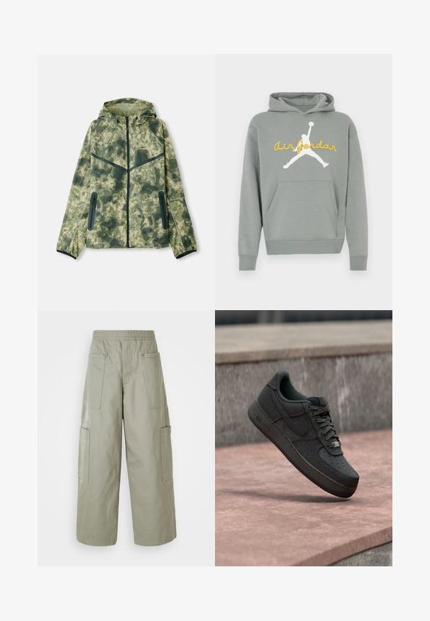 Chaqueta de camuflaje con capucha, fabricada con un tejido repelente al agua en tonos de verde, combinada con detalles en negro y bolsillos con cremallera.; Sudadera con capucha gris hecha de tela suave, con un gráfico de silueta blanca y texto amarillo "Air Jordan" en el frente. Incluye un bolsillo canguro.; Pantalones cargo holgados de color verde oliva con una cinturilla elástica, múltiples bolsillos y una textura suave. Ancho colapsable en el dobladillo.; Zapatilla Nike Air Force 1 negra suspendida sobre una superficie lisa de piedra con un fondo de muro de piedra.
