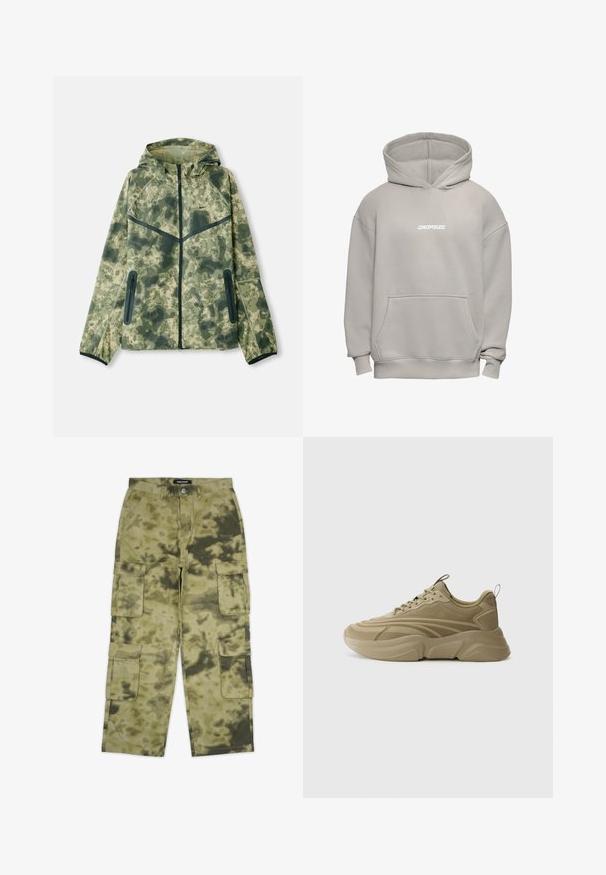 Chaqueta de camuflaje con capucha, fabricada con un tejido repelente al agua en tonos de verde, combinada con detalles en negro y bolsillos con cremallera.; Sudadera con capucha de color gris claro, de gran tamaño, con bolsillo en el frente y la palabra "DROPSIZE" impresa en blanco en el pecho.; Pantalones cargo con un patrón de camuflaje, que presentan múltiples bolsillos laterales, fabricados con un tejido duradero, en tonos de verde y marrón.; Zapatillas de deporte de color caqui claro con parte superior texturizada, punta redonda y suela de goma gruesa. Presenta un diseño de cordones y una lengüeta en la parte trasera para facilitar el uso.