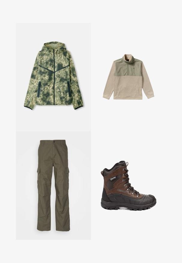 Chaqueta de camuflaje con capucha, fabricada con un tejido repelente al agua en tonos de verde, combinada con detalles en negro y bolsillos con cremallera.; Sudadera de forro polar en beige y verde oliva, con un diseño de media cremallera, cuello alto y dos bolsillos laterales. Textura suave en el panel superior.; Pantalones cargo en color oliva con corte recto, fabricados en tejido texturizado. Presentan grandes bolsillos laterales y un cierre de botón.; Bota de senderismo aislada marrón y negra con suela gruesa, ojales de metal y etiqueta Thinsulate en el lateral.
